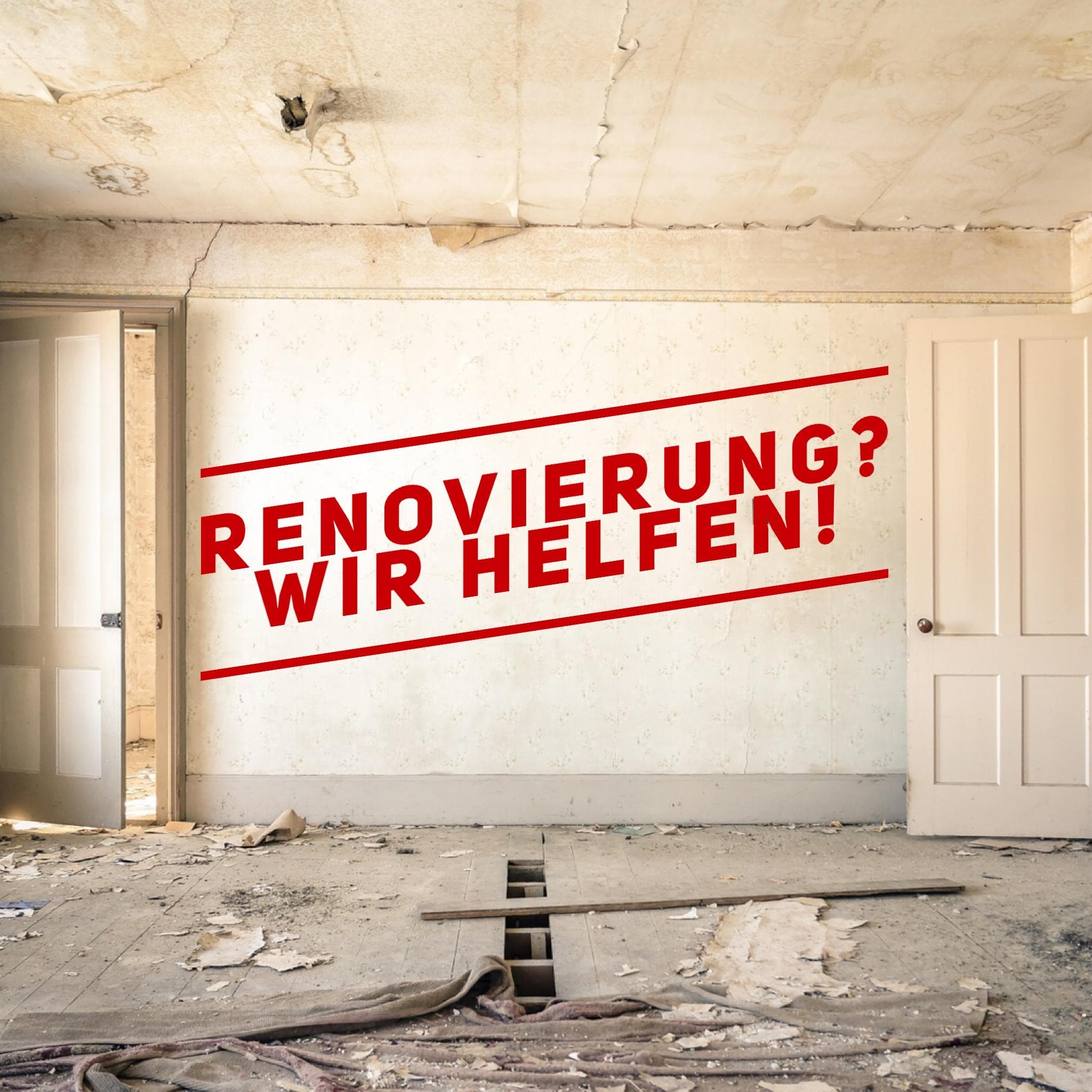 Banner mit der Schrift "Renovierung? Wir helfen!"