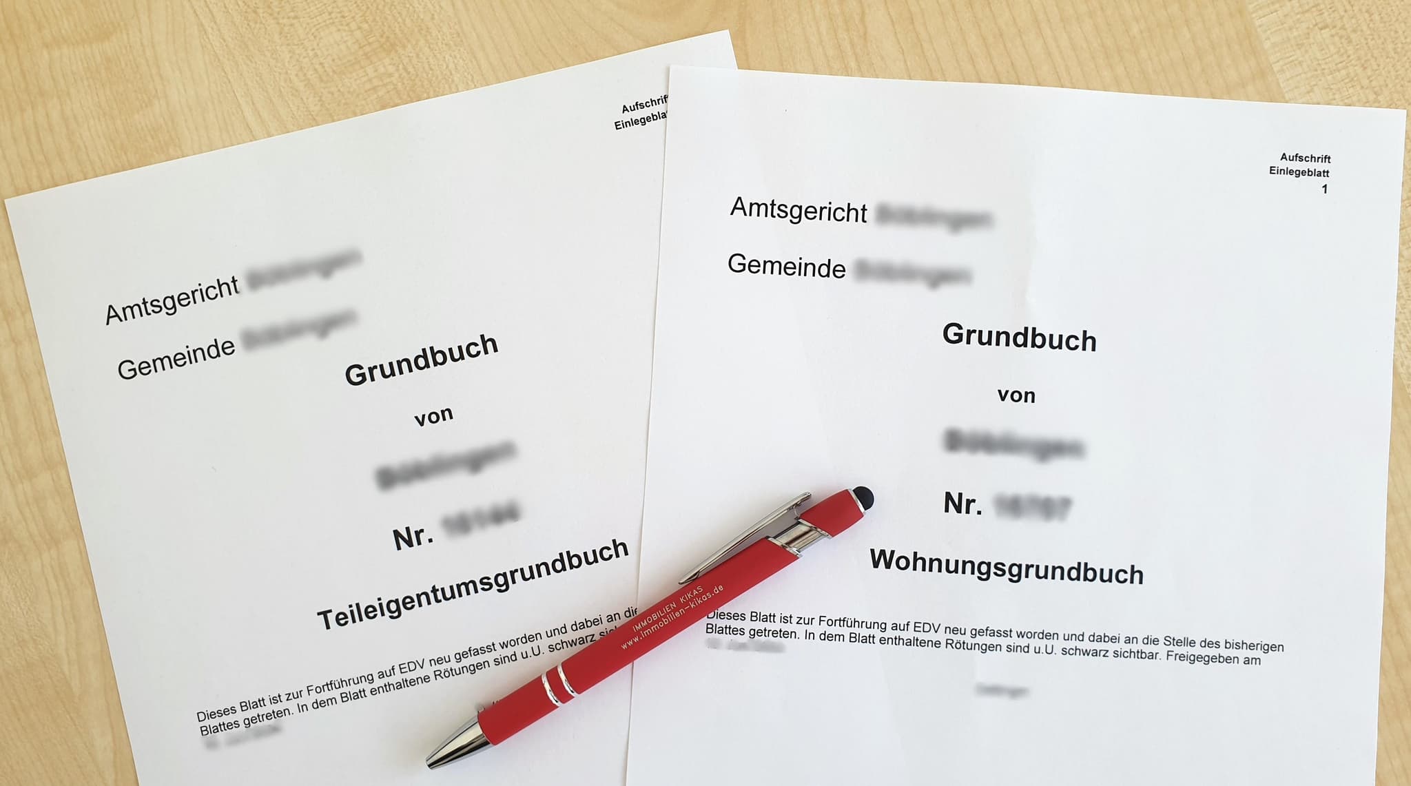 2 Grundbucheinträge mit verschwommenen Daten